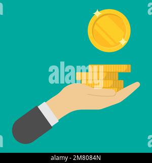 Goldmünze in der Hand, Geschäftsmann. Geben, nehmen, nehmen, nehmen Geld. Konzept der Wohltätigkeit, Spenden. Vektordarstellung. Eps 10. Stock Vektor