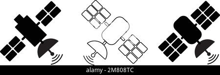 Sammlung von Satellitensymbolen auf weißem Hintergrund. Piktogramme zur Übertragung von Vektorbildern Stock Vektor