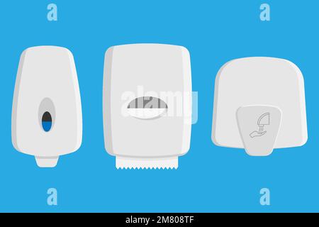 Set aus Spendern, Papierhandtuch, Spendern, Seife und Handtrockner. Vektordarstellung. Eps 10. Stock Vektor