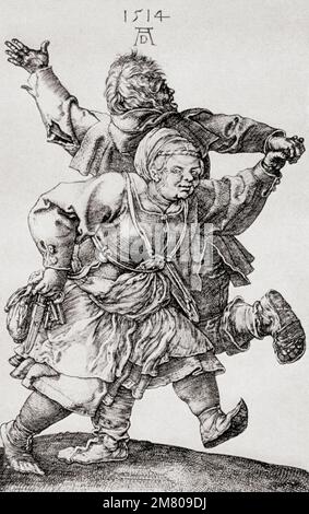 Bauernpaar tanzt, nach einem Werk von Albrecht Dürer, 1471-1528, manchmal auf Englisch als Dürer geschrieben. Deutscher Maler, Druckmacher und Theoretiker der deutschen Renaissance. Aus Albrecht Dürer, sein Leben und eine Auswahl seiner Werke, veröffentlicht 1928. Stockfoto