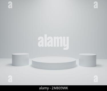 Weißes zylindrisches Podium auf weißem Hintergrund zur Produktplatzierung. 3D-Rendern. Stockfoto