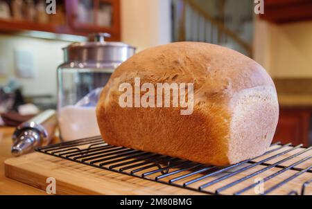 Laib mit frischem hausgemachtem Brot auf einem Holztisch in einer Wohnküche. Stockfoto
