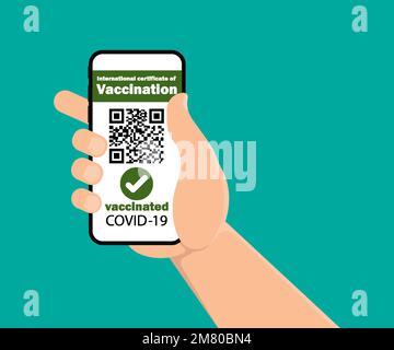 Impfpass für COVID-19, ausgestellt auf Smartphone in männlicher Hand. Vektordarstellung. Eps 10. Stock Vektor