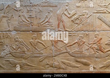 FISCHEREI- UND LANDWIRTSCHAFTSSZENEN, BAS-RELIEF IN DER MASTABA VON KAGEMNI, WESIR WÄHREND DER HERRSCHAFT VON KÖNIG TETI, SAKKARA-NEKROPOLE, REGION MEMPHIS, EHEMALIGE HAUPTSTADT DES ALTEN ÄGYPTEN, KAIRO, ÄGYPTEN, AFRIKA Stockfoto