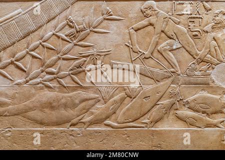 ANGELSZENE, BAS-RELIEF IN DER MASTABA VON KAGEMNI, WESIR WÄHREND DER HERRSCHAFT VON KÖNIG TETI, SAKKARA-NEKROPOLE, REGION MEMPHIS, EHEMALIGE HAUPTSTADT DES ALTEN ÄGYPTEN, KAIRO, ÄGYPTEN, AFRIKA Stockfoto