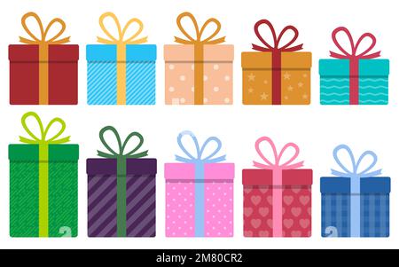Ein Set bunter Geschenke, viele verschiedene Kisten mit Schleifen. Vektordarstellung. Eps 10. Stock Vektor