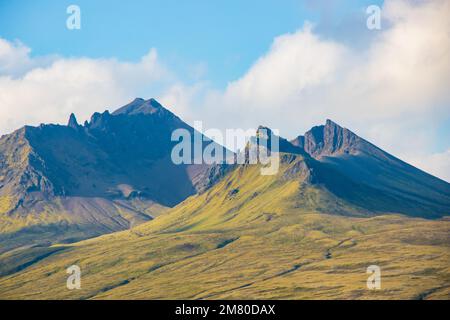 Svartifoss-Wasserfall im Skaftafell Vatnajokull-Nationalpark, Island, mit einer grünen, dramatischen Landschaft Stockfoto