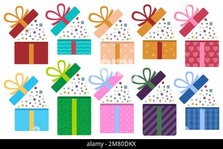Geschenkboxen. Überraschung in der Kiste. Vektordarstellung. Eps 10. Stock Vektor