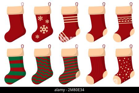 Weihnachtssocken. Weihnachtsstrümpfe in roten grünen Farben. Hängende Weihnachtsdekorationen als Geschenk. Vektordarstellung. Eps 10. Stock Vektor