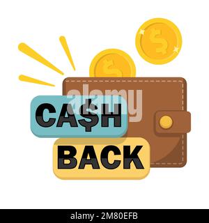Cashback-Konzept. Geldbörse mit zurückgegebenen Münzen auf das Bankkonto. Vektordarstellung. Eps 10. Stock Vektor