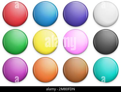 Set aus farbenfrohem, glänzendem Emblem oder Knopf. Realistischer runder Kunststoffstift, Emblem, Etikett. Vektordarstellung. Eps 10. Stock Vektor