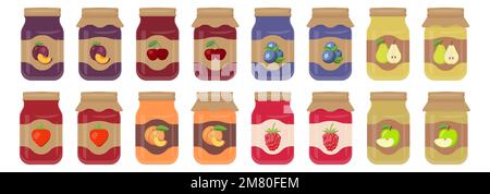 Glasbecher mit Marmelade. Gläser mit Etiketten Fruchtmarmelade. Vektordarstellung. Eps 10. Stock Vektor