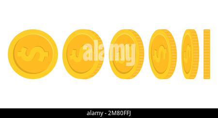 Satz rotierender Goldmünzen mit Dollarzeichen isoliert auf weißem Hintergrund. Vektordarstellung. Eps 10. Stock Vektor