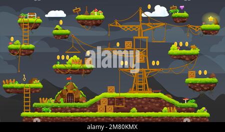 2D Kartenschnittstelle für Arcade-Spiele auf Nachtebene. Plattform, Treppe, Münzen, Bonus und Schatzsymbole. Vektorlandschaft mit schwimmenden Inseln mit Gras, Seilen und Leitern. Hintergrund für Videospiele, Abenteuerwelt Stock Vektor