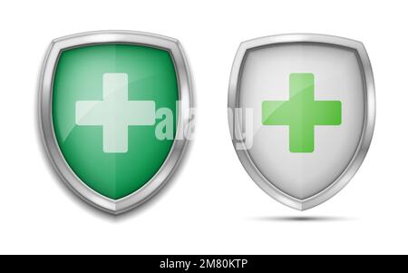 Medizinischer Gesundheitsschutzschild mit Kreuz. Healthcare Medicine Protected Steel Guard Shield Konzept. Vektordarstellung. Eps 10. Stock Vektor