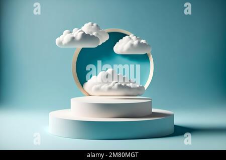 Produktpodium mit weißen Wolken. Produktpräsentation auf blauem Hintergrund, 3D-Rendering Stockfoto