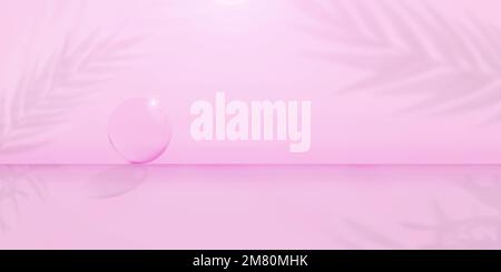 Minimaler abstrakter hellrosa Hintergrund für die Produktpräsentation. Glaskugel auf dem Hintergrund von Pflanzenschatten. Stockfoto