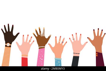 Ein Paar Hände nach oben. Gruppe verschiedener menschlicher Arme mit gemeinsam aufsteigenden Zubehörteilen. Vektordarstellung. Eps 10. Stock Vektor