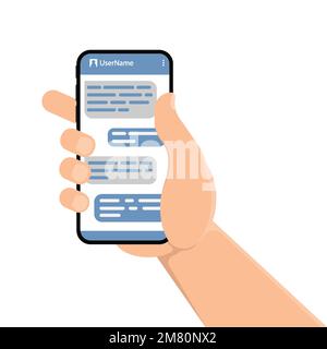 Männliches Smartphone mit handgehaltener Hand und Meldungsdiagramm auf dem Bildschirm. Vektordarstellung. Eps 10. Stock Vektor