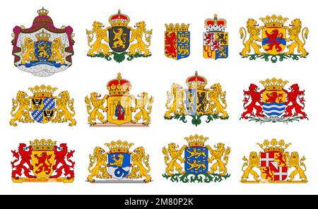 Niederländisches Wappen, Provinzembleme und niederländische Heraltrockenheit, Vektorblazons. Niederländische Provinzen Wappen oder offizielle heraldische Symbole mit Löwen und Monarchkrone auf Schilden Stock Vektor