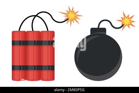 Dynamitbombe mit brennendem Wick und Black-Sphere-Bombe. Vektordarstellung. Eps 10. Stock Vektor