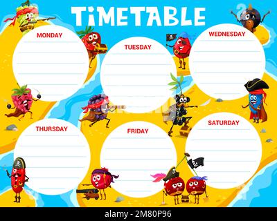 Zeitplan für die Ausbildung. Cartoon-Beerenpiraten und -Korsare auf Schatzinsel. Bildungsplaner-Terminkalender mit Himbeeren, Trauben, Erdbeeren und anderen lustigen Piraten Stock Vektor