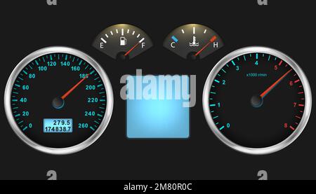 Tachometer, Drehzahlmesser, Kraftstoff- und Motortemperatur im Armaturenbrett. Realistisches Armaturenbrett des Autos. Vektordarstellung. Eps 10. Stock Vektor