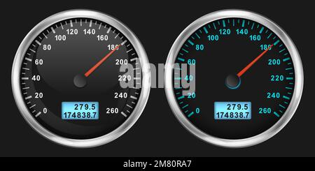 Realistischer Tachometer. Realistisch glänzende abgerundete Tasten mit Tachometer. Vektordarstellung. Eps 10. Stock Vektor