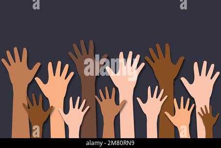 Multiethnische und vielfältige Hände erhoben. Wohltätigkeit, Menschenmenge, Belegschaft, Gemeinschaftskonzept. Vektordarstellung. Eps 10. Stock Vektor