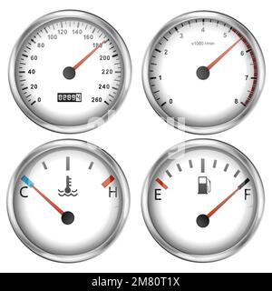 Tachometer, Drehzahlmesser, Kraftstoff- und Motortemperatur im Armaturenbrett. Realistisches Armaturenbrett des Autos. Vektordarstellung. Eps 10. Stock Vektor