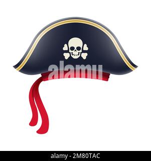 Cartoon-Pirat Captain Tricorn hat einen Hut. Vektor-Kopfschmuck mit fröhlichem roger Schädel und Kreuzknochen. Isolierte Maskenhalterung für Freibeuter, Seemannskappe mit rotem Stirnband. Ein Kostüm für die Filibuster-Piraterie Stock Vektor