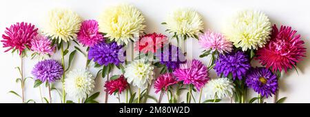 Blumige Anordnung aus rosa Flieder und weißen Ostern- und Dahlienblumen, Banner Stockfoto