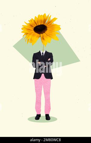 Vertikale kreative Collage-Darstellung einer lustigen kopflosen Männerblume statt gekreuzter Kopfhaltearme auf weißem Hintergrund Stockfoto