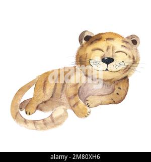 Süßer Baby-Tiger isoliert auf weißem Hintergrund. Handgezeichnete Aquarell-Illustration. Perfekt für Kinderkarten und Poster, Kleidungsdrucke und Tapeten Stockfoto