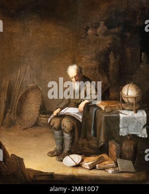 "A Scholar in his Study" Ölgemälde von Jacob van Spreeuwen, niederländischer Maler des 17. Jahrhunderts in Leiden; das Czartoryski-Museum Krakau Polen Stockfoto