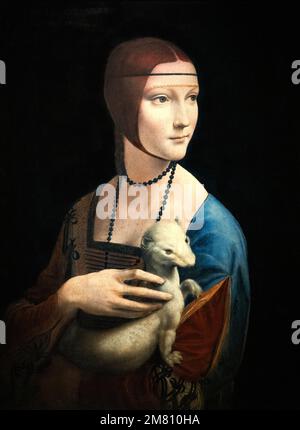 Mittelalterliche Kunst; Renaissance-Gemälde; Leonardo da Vinci-Gemälde, Porträt der „Frau mit einer Ermine“, 1489-1491; im Czartoryski-Museum, Krakau Polen Stockfoto