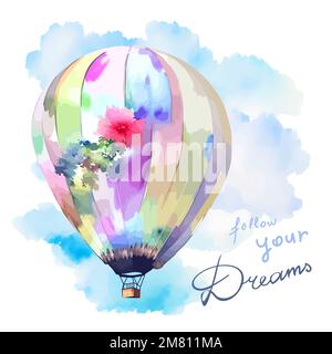 Aquarelle Hand zeichnet romantischen Luftballon für die Weihnachtsgrußkarte, Reise, Abenteuer, Vintage Illustration. Stock Vektor