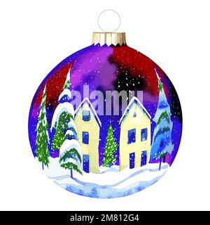 Vector Aquarell magischer Weihnachtsball für Tannen mit Winterlandschaft, mehrfarbig gemalter weihnachtsball, frohes neues Jahr, Feiertage und frohe Weihnachten! Stock Vektor