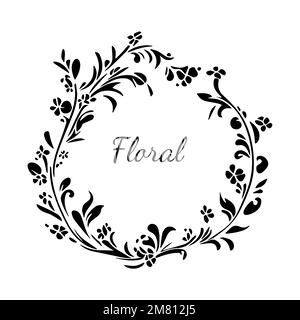 Geblümter Vektorkranz Art déco kunstvoll verziert, schwarz-weißer Hochzeitsrand, Rahmen, florierendes Naturmotiv Stock Vektor