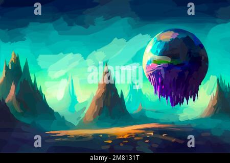 Surreale Welt, magischer außerirdischer Planet, abstrakte digitale Malerei, fiktiver Hintergrund Stock Vektor