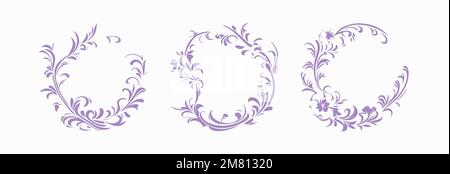 Geblümte Rahmenkollektion mit Retro-Kräuterelementen im Vintage-Stil. Frühlingsset mit runden Blättern, Einladungsetikett. Stock Vektor