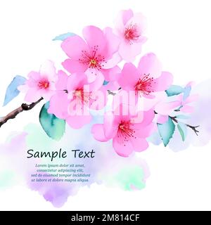 Vektorschmuck mit Blumen, Frühlingskirschblüte auf weißem Hintergrund. Platz für Ihre SMS. Sakura-japanischer Kirschbaum. Design für Einladungen Stock Vektor