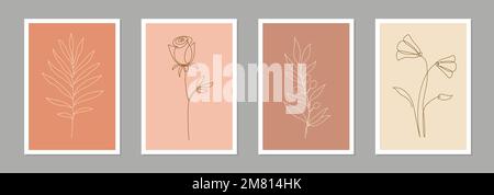 Ein Poster-Set mit Blumenmotiv. Einzeiliges, durchgehendes Blatt, minimaler Design-Hintergrund mit Blüten. Botanische abstrakte Kunst für Druck, Tapete. Vektordarstellung Stock Vektor