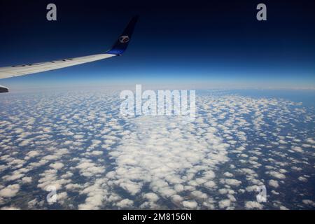 Blick vom Flugzeugfenster auf das TS Airlines Logo und den Flügel mit Altocumulus Stratiformis Wolken. Stockfoto