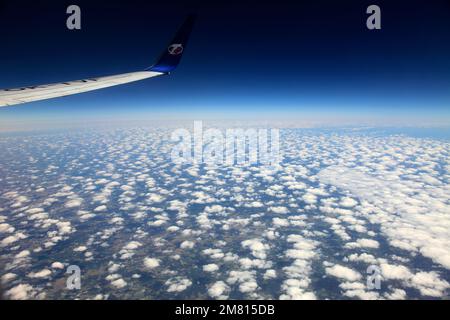 Blick vom Flugzeugfenster auf das TS-Airlines-Logo und den Flügel Stockfoto
