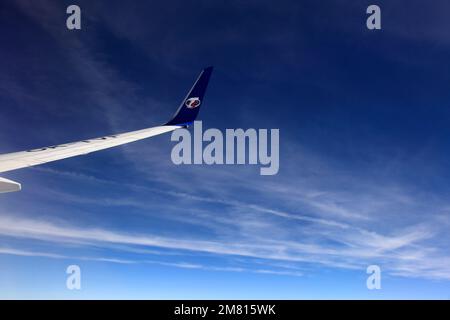 Blick vom Flugzeugfenster auf das TS-Airlines-Logo und den Flügel Stockfoto