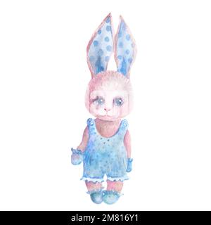 Niedliches Kaninchen, Designelemente für die Babyparty, Grußkarte für Neugeborene, Zeichnung in Aquarellfarbe auf weißem Hintergrund. Stockfoto