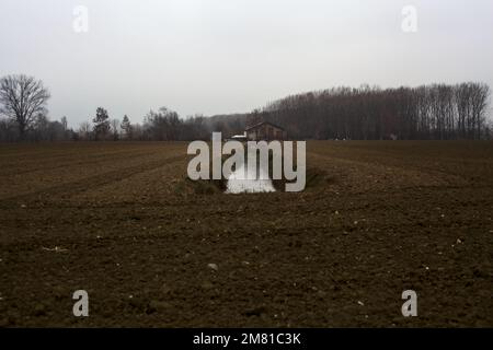 Bewässerungskanal inmitten von Ackerfeldern mit einem Wald im Hintergrund an einem bewölkten Tag in der italienischen Landschaft im Winter Stockfoto