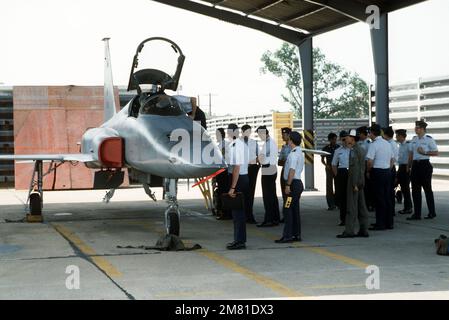 Die Besatzungen der taktischen Kampfgeschwader 3. inspizieren ein Flugzeug der Royal Thai Air Force (RTAF) F-53 Tiger II. Sie sind an der Basis, um an der Flugübung Commander WEST 6 mit Mitgliedern der Royal Thai Air Force teilzunehmen. Einsatzgebiet/Serie: KOMMANDOSTÜTZPUNKT WEST 6: Königlicher thailändischer Luftwaffenstützpunkt Takhli Land: Thailand (THA) Stockfoto