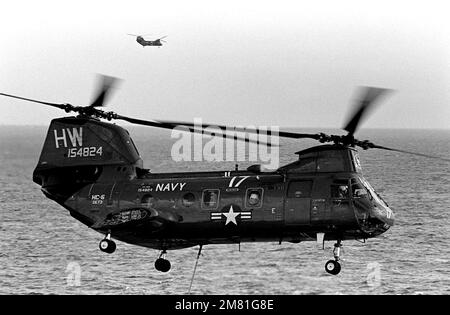 Eine rechte Luft-Luft-Ansicht eines Helicopter Combat Support 6 (HC-6) UH-46 Sea Knight Hubschraubers. Der Hubschrauber versorgt Schiffe vor der libanesischen Küste mit Nachschub zur Unterstützung der US-Marines, die der multinationalen Friedenstruppe in Beirut zugeteilt sind. Land: Mittelmeer (MED) Stockfoto